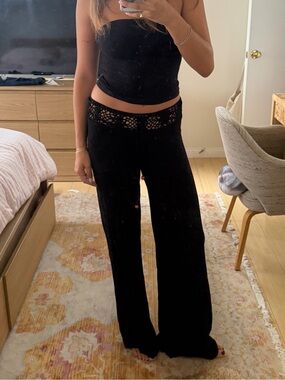 Edikted Black Crochet-Waist Wide Leg Pants